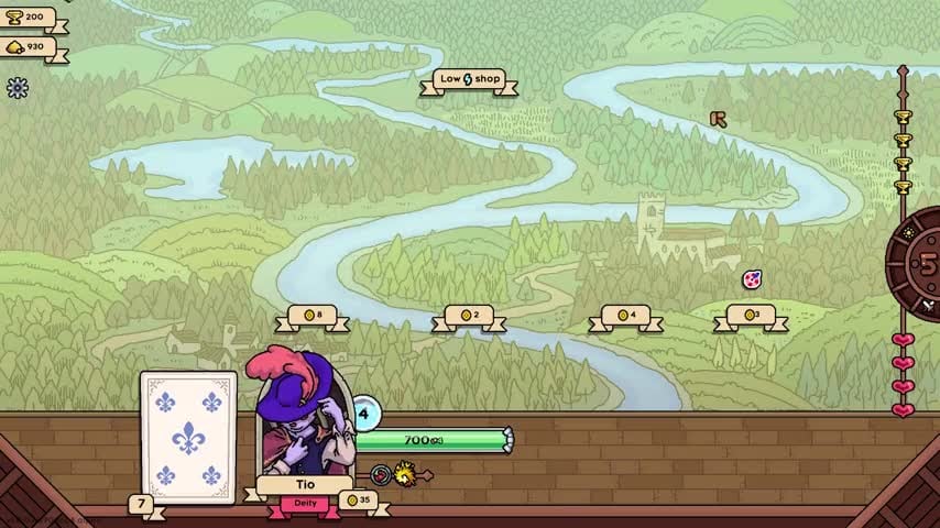 Grail overworld map along a river with shop nodes, gold, trophies, and the player health bar